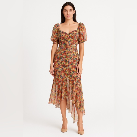 Marchesa Notte Floral Print Midi Dress Size Ruffle Puff Sleeve NWT